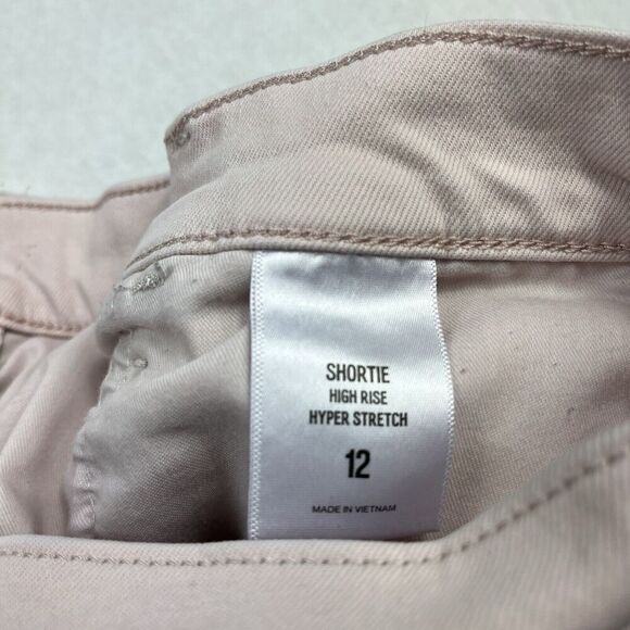 Express Womens Shortie High Rise Denim Shorts Pink Hyper Stretch Frayed Size 12 - Picture 8 of 12